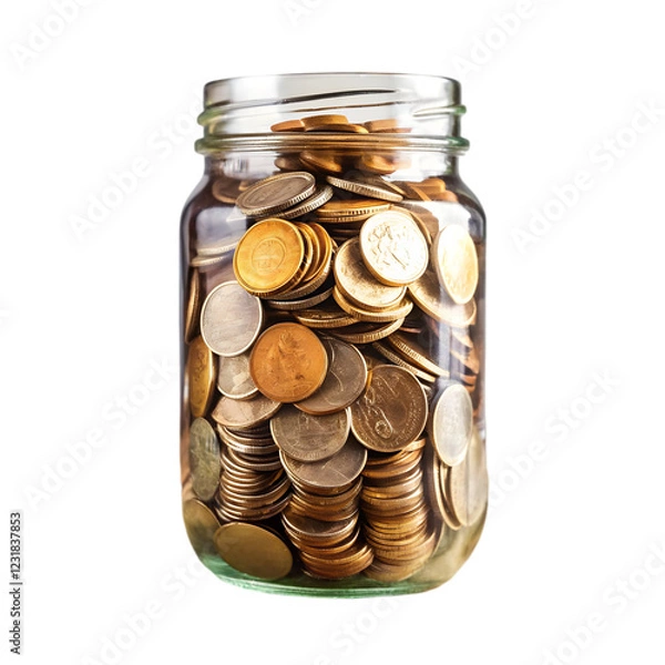 Obraz  Glass Jar of coins on white background
