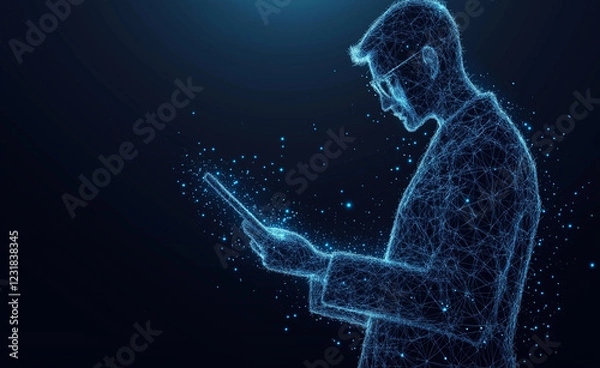 Fototapeta Abstract blue glowing low-poly wireframe of a male doctor writing on a tablet computer.
