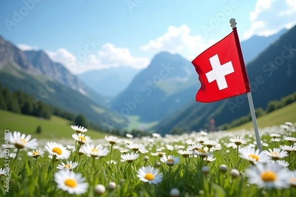 Obraz Edelweiss Field with Swiss Flag in Alpine Meadow and Majestic Mountain Backdrop
