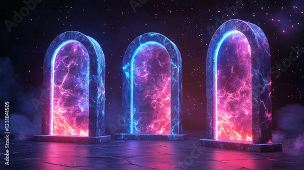 Fototapeta Set of ancient stone portals with magic light isolated on background. Vector cartoon illustration of arch doors glowing with neon colors, leading to fantastic adventure world. Game ui design elements