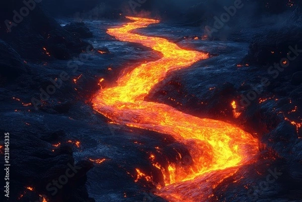 Obraz A river of molten lava flowing through a dark, otherworldly landscape, glowing with an intense, fiery light.
