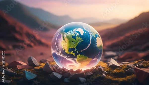 Fototapeta Fragile Earth: A Crystal Globe in a Desolate Landscape