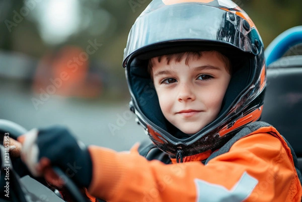 Fototapeta Adorable child in a racing helmet, ready for action on the track, showcasing enthusiasm for motorsport, generative AI