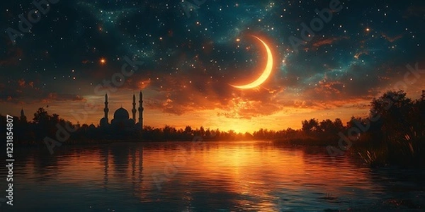 Fototapeta Crescent Moon Over a Mosque by a River at Sunset with Stars Twinkling in the Sky
