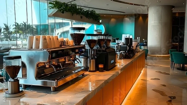 Obraz Modern coffee shop bar, ocean view, brewing, cafe