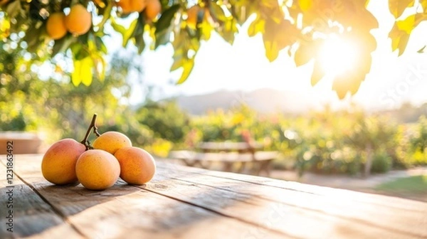 Fototapeta fresh mangoes on wooden table with a mango tree farm in sunlight
