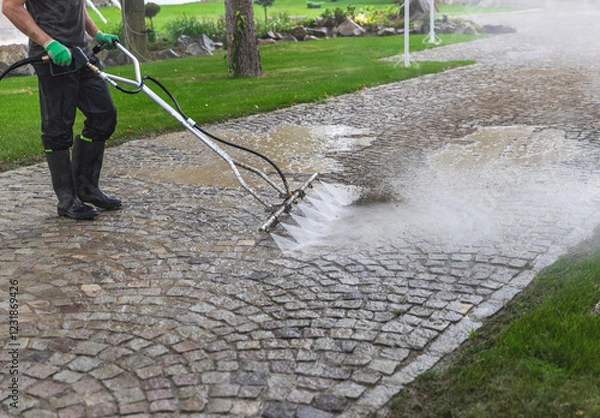 Fototapeta Cleaning service worker using a surface cleaner