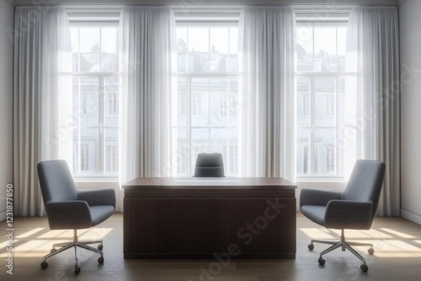 Fototapeta Modern office interior with large windows, wooden desk, and two armchairs.