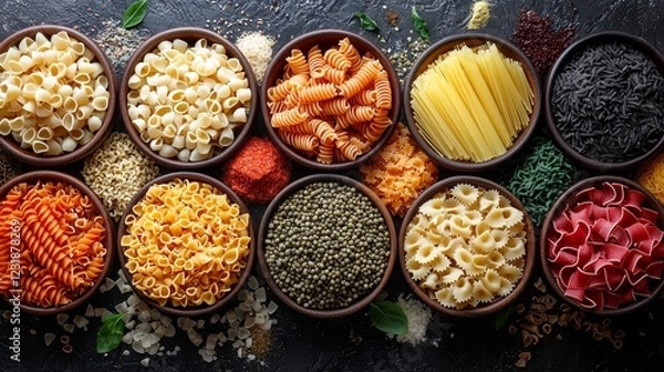 Fototapeta Top view of Various types delicious dry Pasta for making food on table, raw ingredients background concept, ready to cook concept