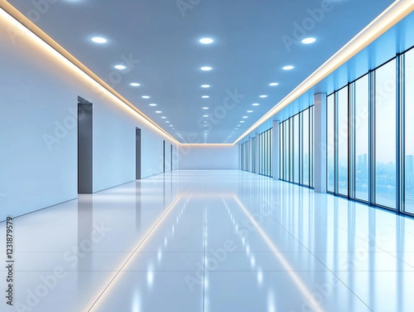 Obraz empty space with hidden lighting, a white floor, and a ceiling for futuristic view, creating a modern background design evoking a sense of future technology. 