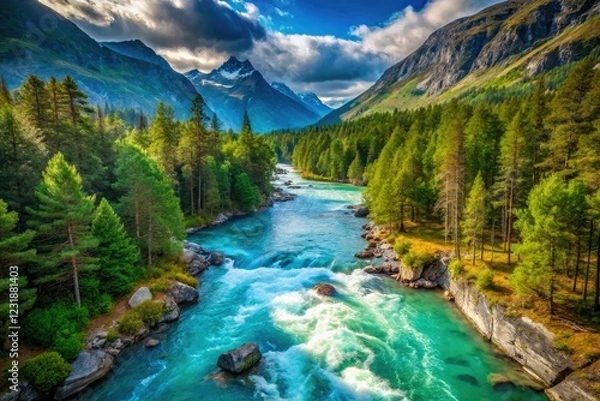 Fototapeta Turquoise river carves through Innlandet's pine forests; a high-angle drone shot reveals breathtaking scenery.