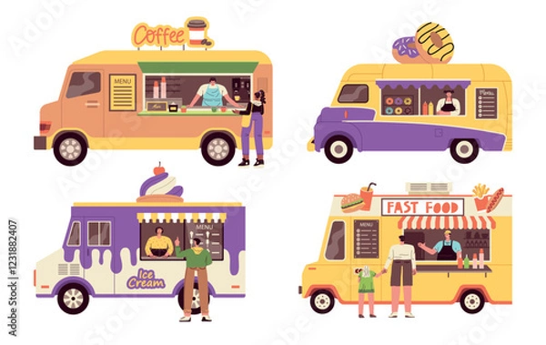 Obraz Kiosks with products on wheels. Street food tracks with sellers and visitors, happy people buy ice cream, donuts and coffee, vector set
