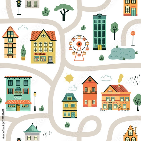 Obraz Little european houses and stores facades. Cute cottages and shops repeated background, streets map, kids print, vector seamless pattern