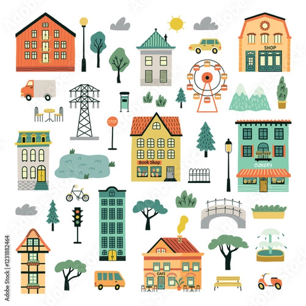 Obraz Little cute houses and city elements. Funny homes and stores facades, exterior streets objects, neighborhood icons, park objects, vector set.