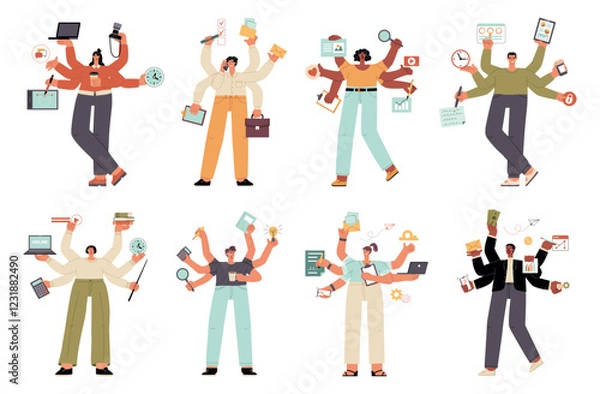 Obraz People do lot things at same time. Cartoon multitasking persons, businessmen and ladies characters with multiple hands pairs, vector set