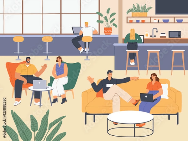 Obraz People in coworking. Modern cafeteria interior, freelancers work in common room, various remote areas of activity, vector illustration