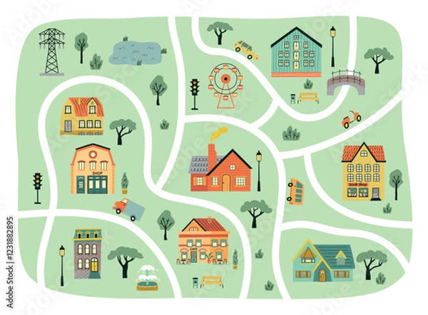 Obraz Small houses city map. Streets plan with cartoon buildings facades and park elements, cottages and stores, kids carpet, vector illustration