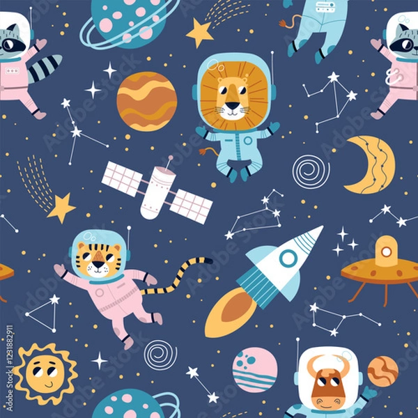 Obraz Space animals. Lion, tiger, raccoon and bull astronauts, kids repeated objects, rockets, satellites and planets, vector seamless pattern