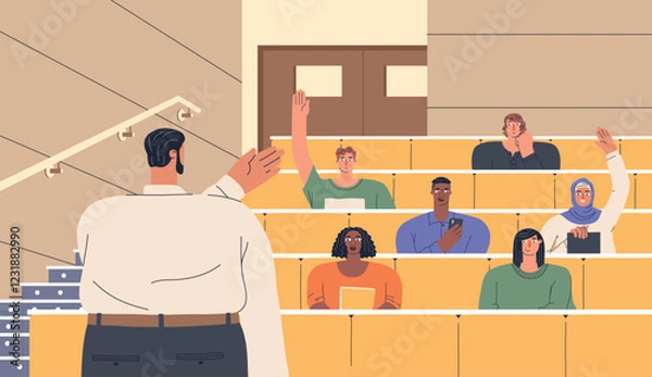 Obraz Students sit facing professor. Youth in lecture hall, academic education, yong modern people in university auditorium, vector illustration