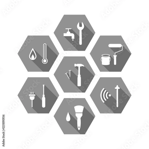 Fototapeta Work tools icon set in gray color. Grey tool icons isolated on white background.
