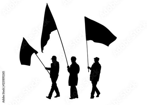 Obraz People of with banner and flags. Isolated silhouettes of people on a white background