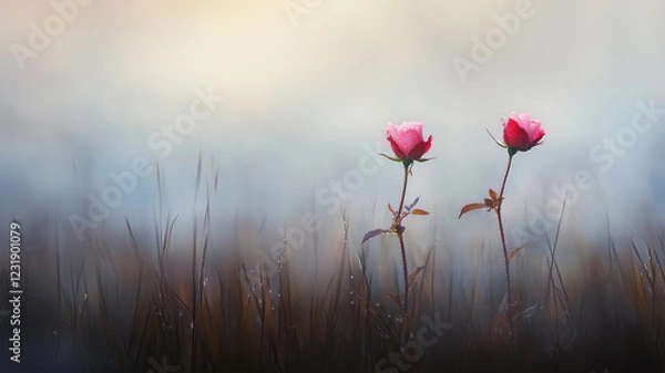 Fototapeta 霧の中に咲く露に濡れたピンクのバラ