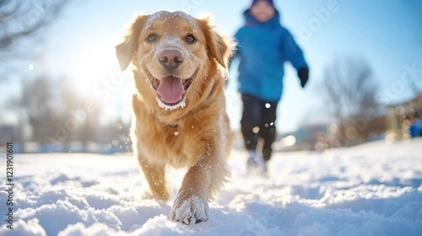 Fototapeta Joyful dog plays in snowy winter wonderland with cheerful companion