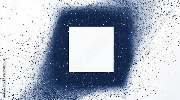 Fototapeta White square in dark blue particle explosion; abstract background; digital art; website template