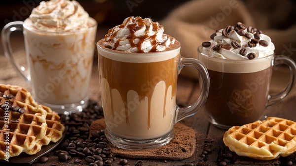 Fototapeta Latte coffee cup icon for cafe. Cappuccino drink set. Caramelmacchiato with cream in take away isolated design. Waffle dessert and cocoa beverage with straw asset for bakery or restaurant ui