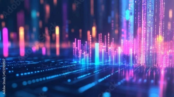 Fototapeta A close-up of a futuristic D bar graph with glowing neon bars, rising upward in a dynamic digital environment, symbolizing financial success and innovation.