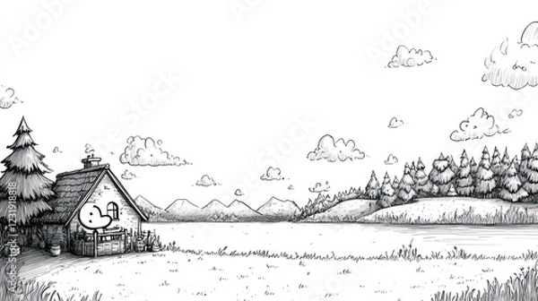 Fototapeta A whimsical hand-drawn illustration of a small house with a chimney, a fence, a tree, and a birdhouse in a grassy field. Mountains in the distance with trees and clouds.