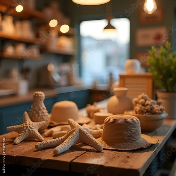 Fototapeta Coastal Vibes Beach Essentials on a Rustic Wood Table under Soft Glow