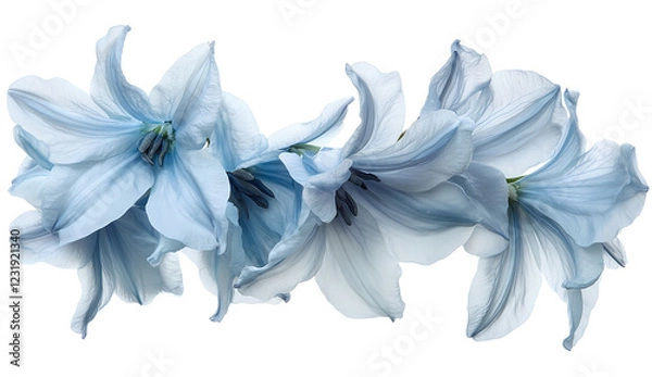 Fototapeta Bluebells isolated on a white background, blue flowers floating in the air, blue flowers for decoration and design, PNG file of a chrysanthemum bouquet. 