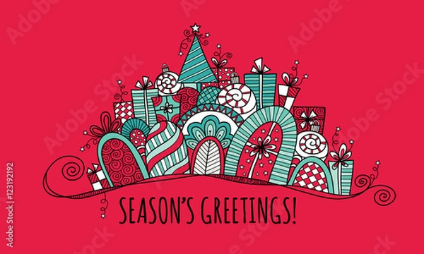 Fototapeta Season's Greetings Modern Christmas Banner doodle vector illustration with the words season's greetings under a banner of presents, baubles, a christmas tree, swirls and stars on a red background.