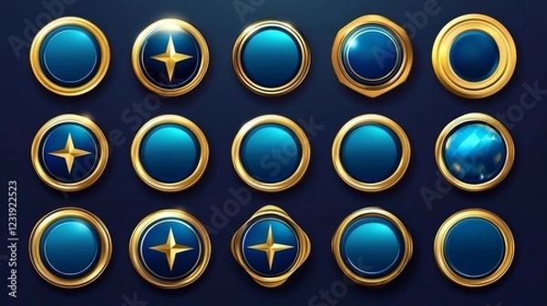Fototapeta Unique collection of blue and gold decorative round icons with star designs arranged in a grid pattern