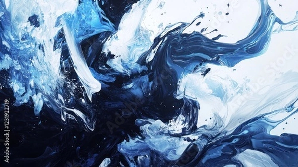 Fototapeta Abstract blue and white paint swirls, dynamic motion, artistic background, design element