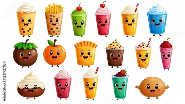 Fototapeta Adorable cartoon food and drinks characters; cheerful, colorful illustration of kawaii style fast food, perfect for kids' menus, websites, or apps.