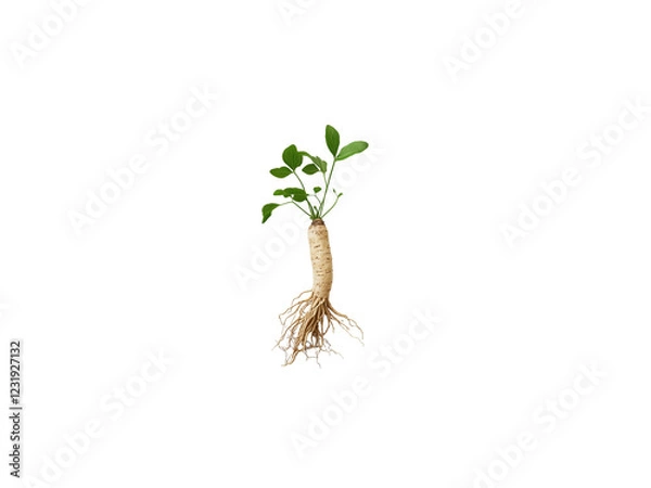 Fototapeta A small ginseng with green leaves and a prominent root structure, Isolated on white background