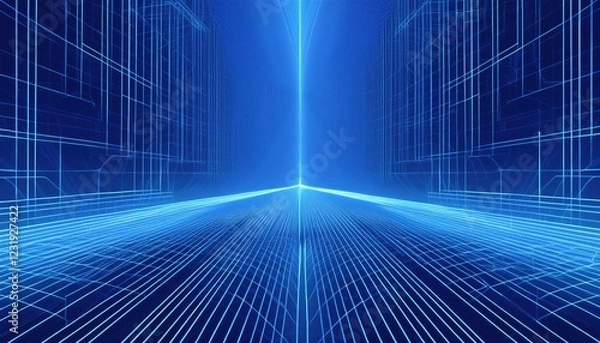 Obraz tunnel digitale futuristico con linee luminose blu che si intersecano creando un effetto di profondità e prospettiva