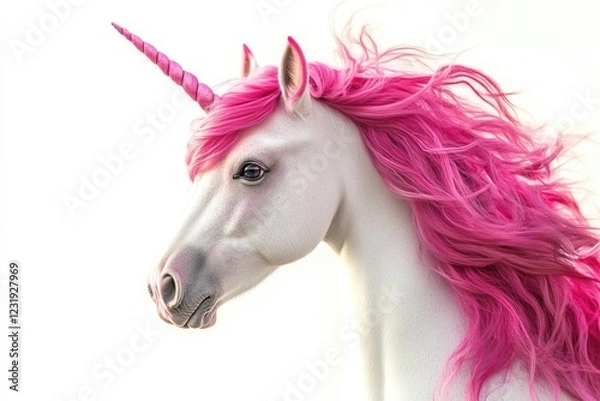 Fototapeta Close-up shot of a unicorn's head with pink hair, suitable for fantasy or mythical-themed projects