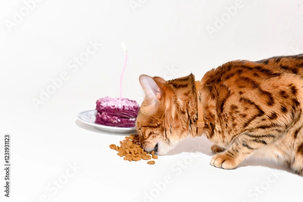 Fototapeta Cat birthday, bengal cat sits near a cake with lighting candle and eats feed on white background,