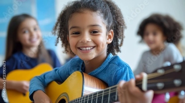 Obraz Children enjoy guitar lessons in a bright classroom while engaging in music together