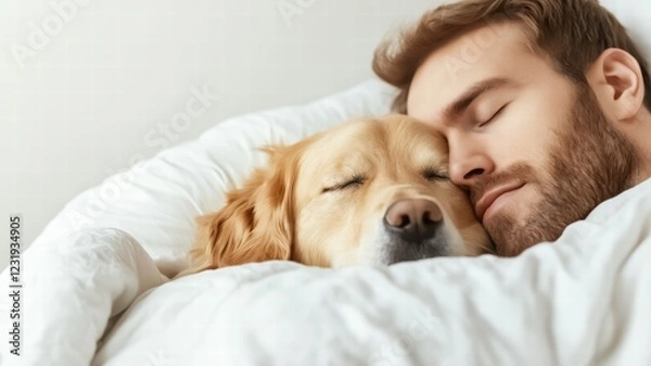 Fototapeta A peaceful moment of a man and his golden retriever sleeping together, showcasing warmth and companionship.