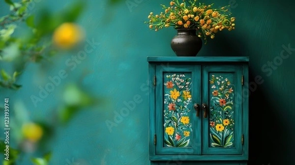 Fototapeta A vibrant teal cabinet adorned with floral designs, featuring a black vase of colorful flowers on top, set against a matching wall.