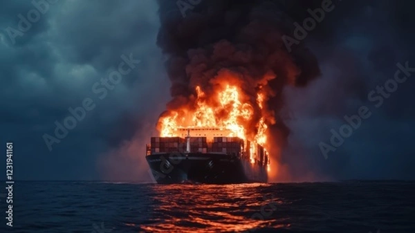 Fototapeta A cargo ship burns fiercely on the ocean, engulfed in flames and smoke against a stormy sky, creating a dramatic scene of disaster.