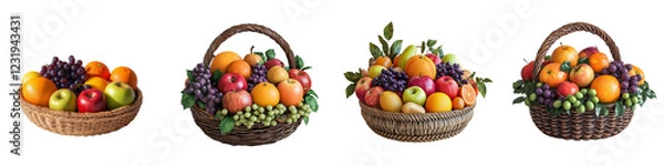 Fototapeta set of A basket of fresh apples, oranges and grapes, A fruit basket of apples, oranges and, grapes, A basket filled with fresh apples, oranges and grapes, on a transparent backgrounds