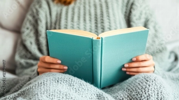 Fototapeta A cozy scene featuring a person reading a book while wrapped in a soft blanket, creating a warm and inviting atmosphere.