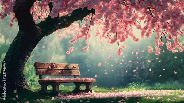 Fototapeta Spring's beauty captured a quiet park bench beneath a cascading sakura tree