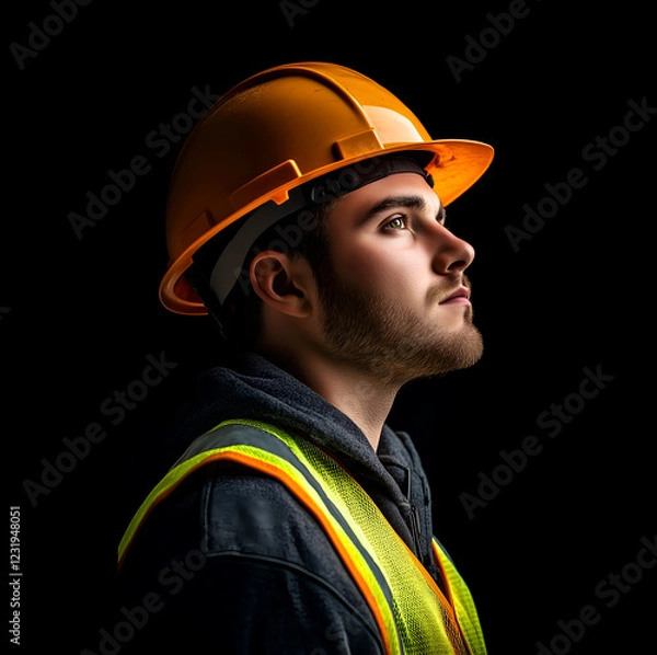 Fototapeta Construction worker in profile, wearing a safety helmet and vest, looking thoughtfully into the distance against a dramatic black background 