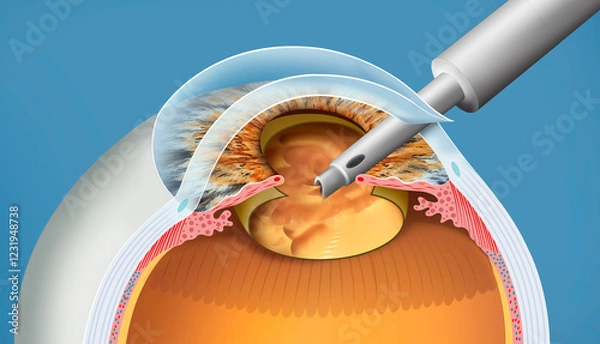 Fototapeta Descriptive illustration on the extraction of the lens in cataracts. This removes the opaque lens of the eye, allowing an intraocular lens to be implanted and restore vision.